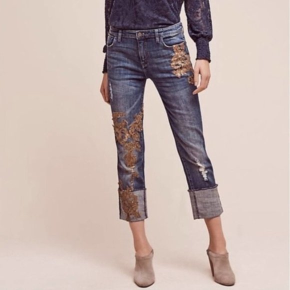 Anthropologie Denim - Pelcro hyphen gold sequins crop jeans